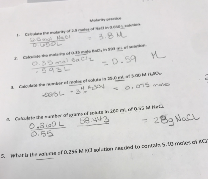 Molarity problems worksheet with answers